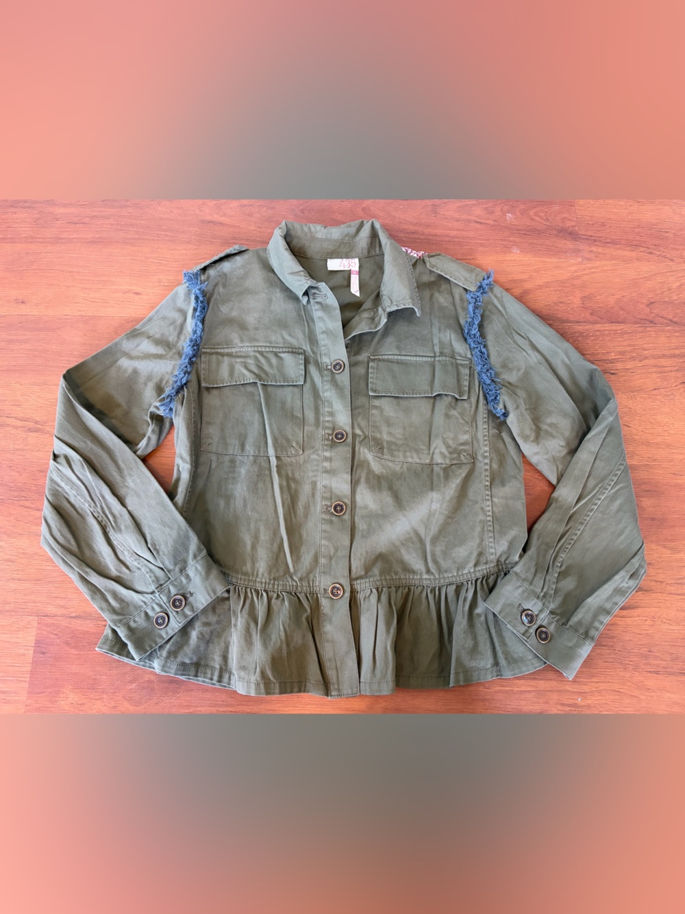 Girls' Olive Utility Jacket with Blue Fringe Trim